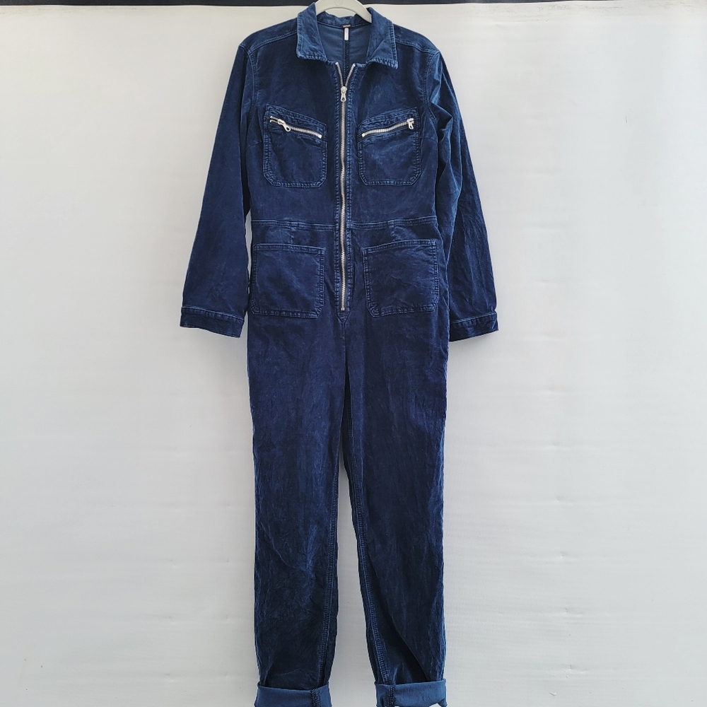 Free People Lennox Blue Corduroy Jumpsuit Size Medium Coveralls Boho Boiler Suit